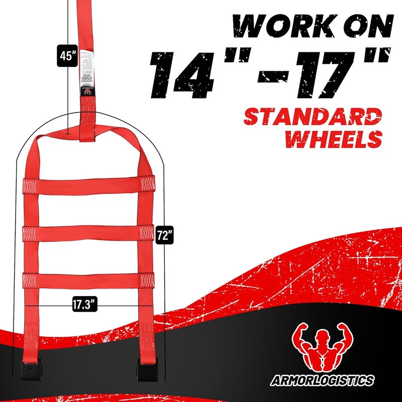ARMORLOGISTICS Tow Dolly Basket Straps with Flat Hook, 2 Pack Tow Dolly Straps, Fits 14"-17" Tires Wheels, Breaking Strength 10000 lbs, 2" Over Wheel Car Basket Tie Down Strap with Carrying Bag, Red - Image 2